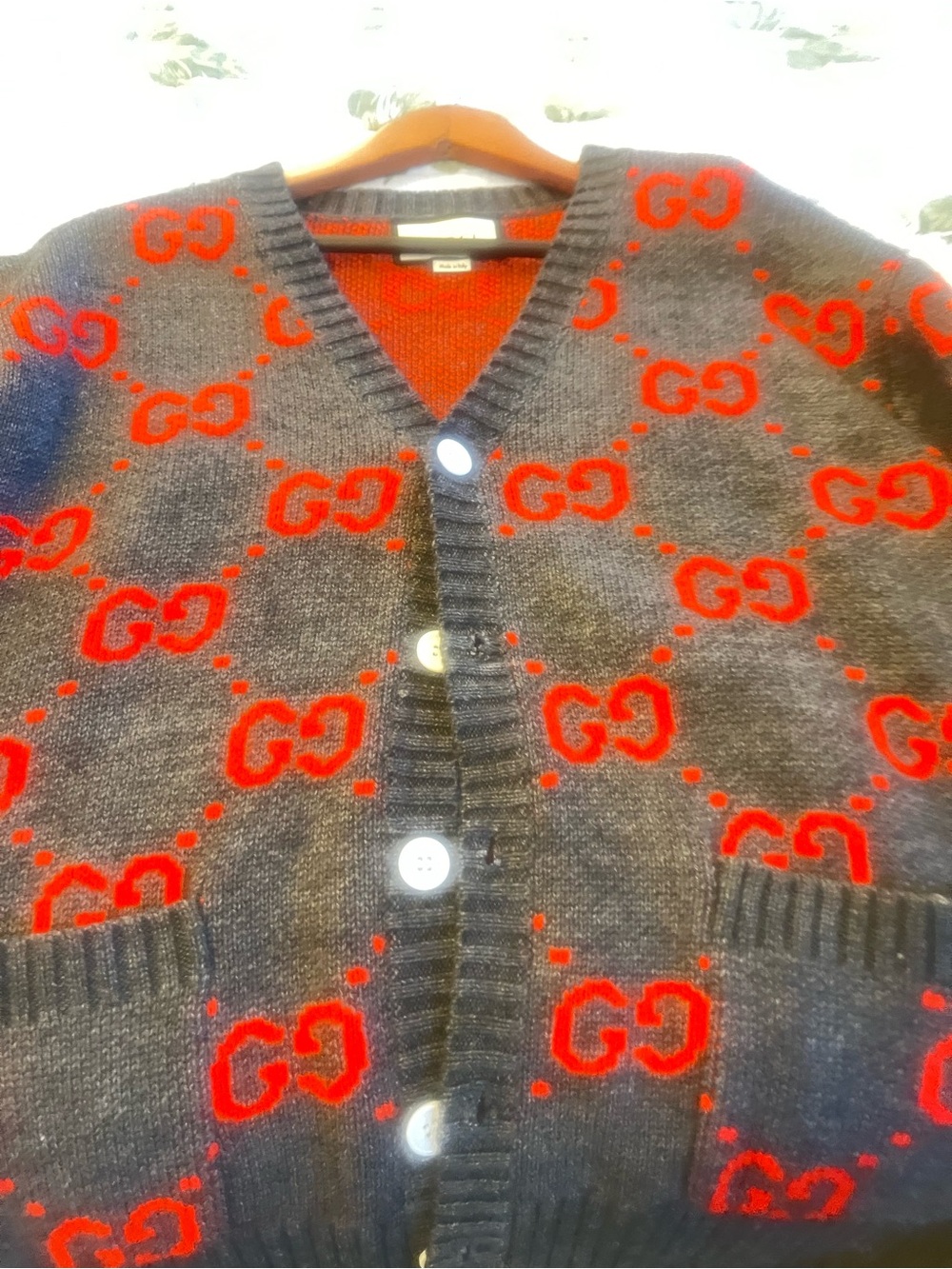 Like NEW authentic Gucci-inspired GG Wool Cardigan in Charcoal and Red beautiful